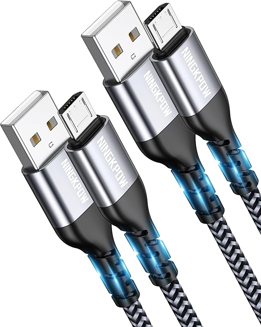 NINGKPOW Micro USB Kabel 2m 2 Stück Grau Nylon Ladekabel High Speed für Samsung Galaxy, Huawei, Redmi, Nokia, Kindle – N0702
