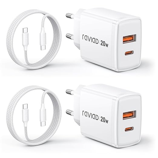 RAVIAD 20W USB-C Schnellladegerät 2-Pack mit USB-C Kabel 2M für iPhone 16/15 Pro Max, Samsung Galaxy S25/S24 – A20EE001