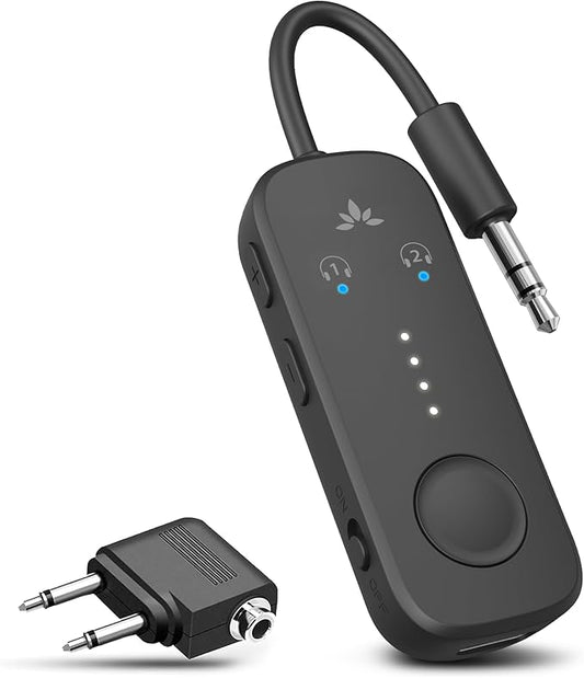 Avantree BTTC-218 Bluetooth 5.3 Adapter für Flugzeug mit aptX Adaptive, 20h Akku, Dual-Kopfhörer Verbindung für AirPods & Kopfhörer