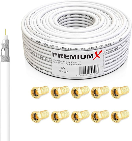 PremiumX BASIC-50WF 50m Koaxialkabel 135dB 4-fach Abschirmung für DVB-S/S2/C/T2 Triple Tuner inkl. 10 F-Stecker