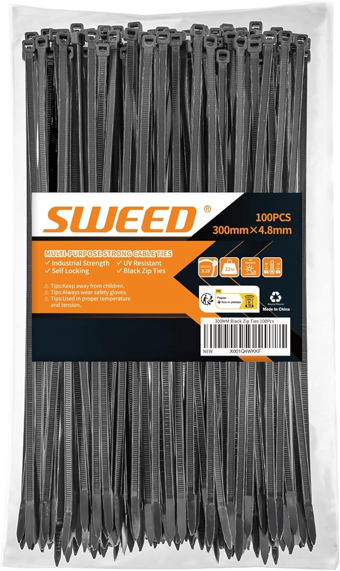 MING XIN YU SWEED Kabelbinder schwarz 300mm, 100 Stück UV-beständig, 4.8mm Breite, Zugfestigkeit 22kg für Industrie Gartenbau Kabel