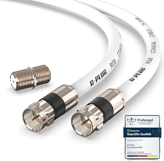 G-PLUG 2m Koaxialkabel RG6 – 4-fach geschirmt für DVB-T2/C/S2 – UHD 4K HDTV – wasserdicht mit vergoldeten Steckern – Weiß – TOMPOL-ES-0211-9
